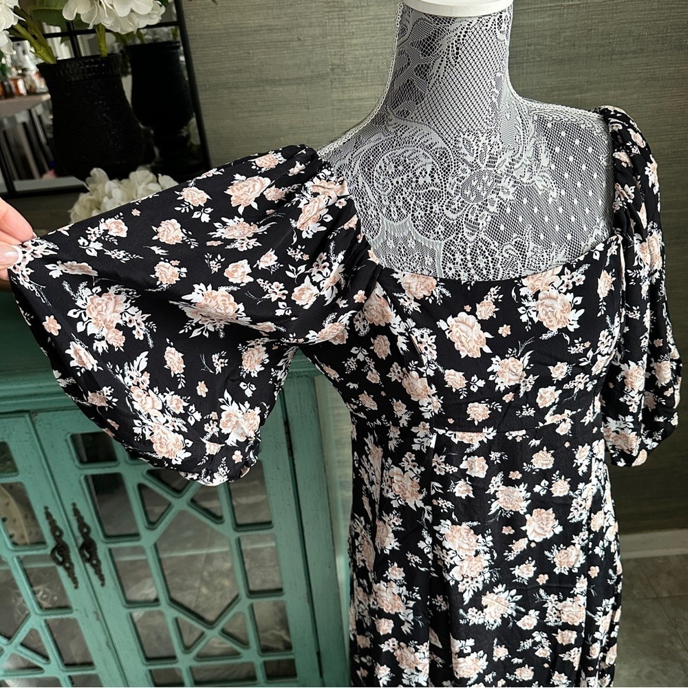 River Island Black Floral Puff Sleeve Maxi Dress,Square Neck Cottagecore Size 10 - Picture 6 of 16